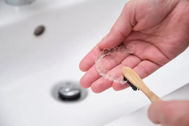 a person brushing an Invisalign with a toothbrush