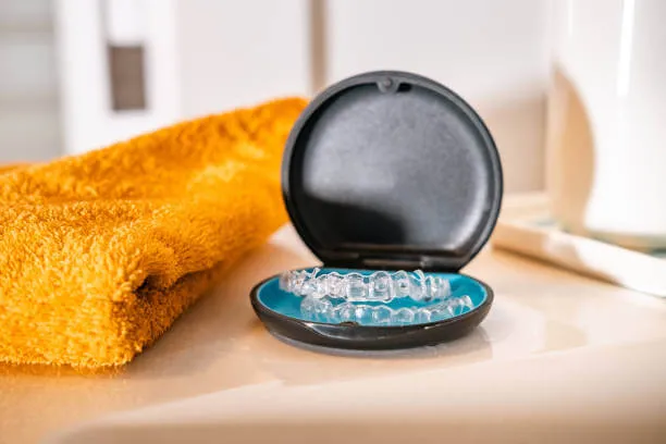 an Invisalign inside a container with a mustard color towel beside it
